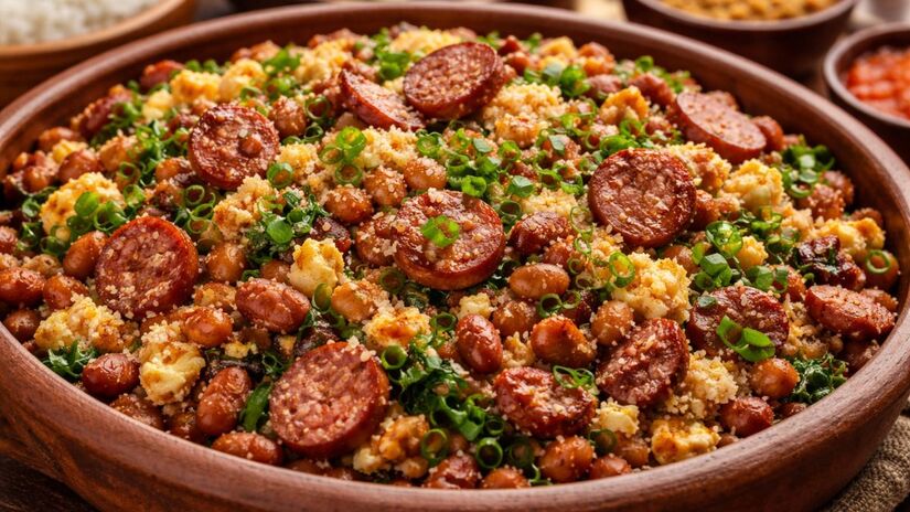 Criado para alimentar viajantes nas longas rotas do Brasil colonial, o Feijão-Tropeiro leva no nome a profissão dos tropeiros e reflete a lógica prática da comida de estrada/ Gerado por IA/OpenAI