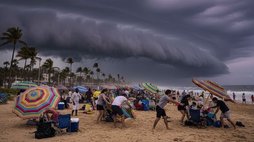A Defesa Civil do Estado mantém o litoral em estado de atenção desde os últimos dias de 2025, com a possibilidade de temporais com alta incidência de raios e rajadas de vento que podem superar os 60 km/h em pontos isolados (Google Gemini / Imagem Gerada por IA)