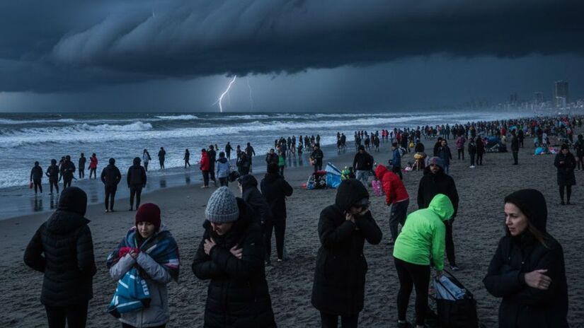 Mesmo que as temperaturas caiam, a frente fria será 'lenta' e os termômetros devem variar entre 26&ordm;C e 27&ordm;C (Google Gemini / Imagem Gerada por IA)