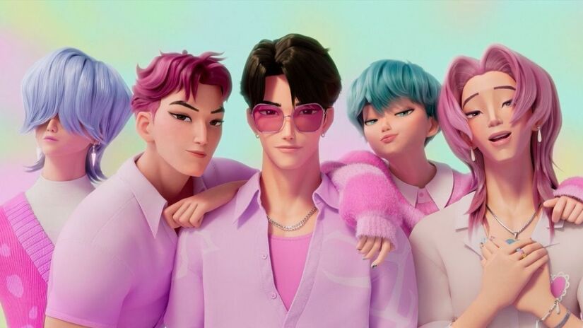 Na animação, a boyband Saja Boys surge como uma ameaça silenciosa, usando o estrelato no K-pop para se aproximar das almas humanas. Divulgação/Netflix