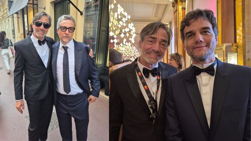 O ator Roney Villela, que interpreta um dos assassinos contratados por Ghirotti para assassinar o personagem de Moura com Kleber Mendonça Filho e o próprio Wagner Moura (Roney Villela/Arquivo Pessoal)