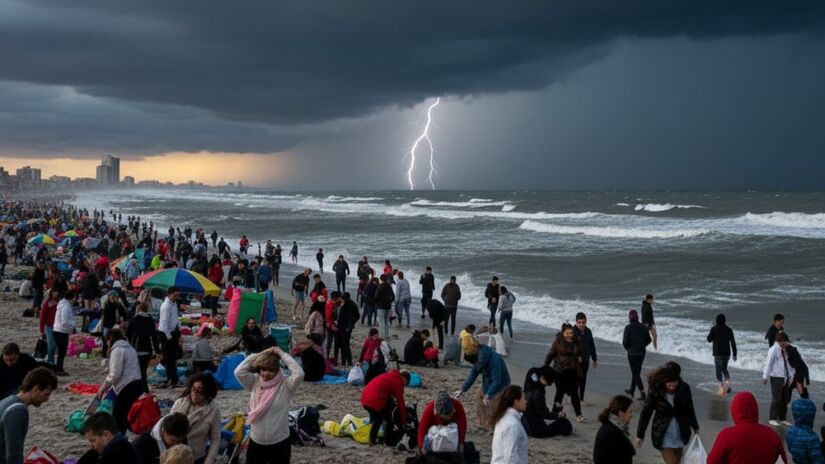 Segundo o The Weather Channel, o litoral de São Paulo terá uma queda brusca de temperatura. No sábado (3), os termômetros ainda oscilam entre 32°C e 23°C, mas o domingo (4) registra um declínio acentuado, com variação entre 25°C e 21°C (Google Gemini/Imagem Gerada por IA)