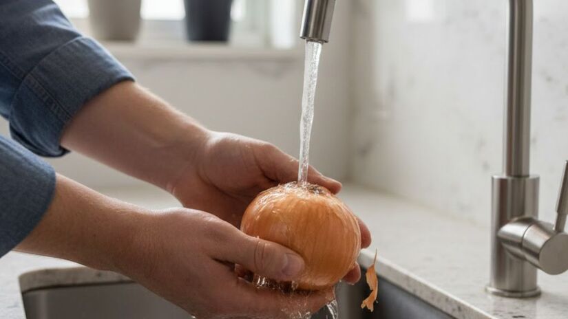 Já outras pessoas optam por lavar as cebolas em água corrente antes de cortá-la (Google Gemini/Imagem Gerada por IA)