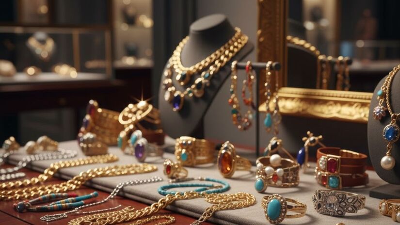 Mas também suas joalherias cheias de brilho chamam a atenção dos visitantes que só vão até o endereço para comprar os itens e revende-los (Imagem Gerada por IA/Google Gemini)