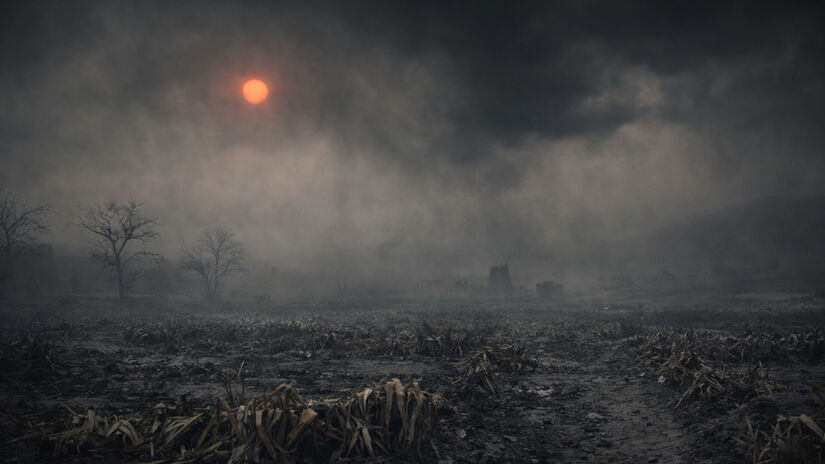 536 d.C., escuridão global após erupção vulcânica: Considerado por alguns estudiosos como o pior ano para se viver, 536 d.C. foi marcado por uma enorme nuvem de poeira que cobriu partes da Europa, do Oriente Médio e da Ásia por cerca de um ano e meio. O fenômeno, provavelmente causado por uma grande erupção vulcânica na Islândia, reduziu drasticamente a luminosidade solar. / Imagem gerada por IA