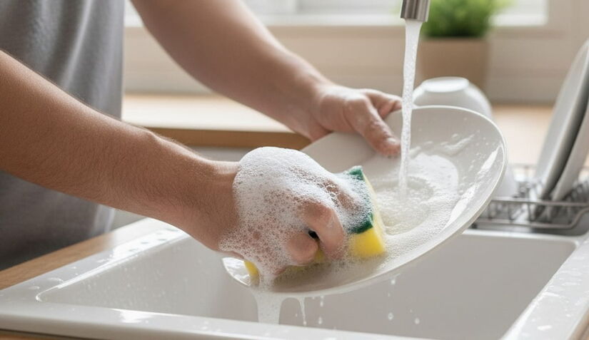 A esponja amarela absorve bastante bactéria e, por estar úmida na maior parte do dia, exige que se deixe de molho na água sanitária todos os dias e seque ao sol ou micro-ondas (Google Gemini/Imagem Gerada por IA)