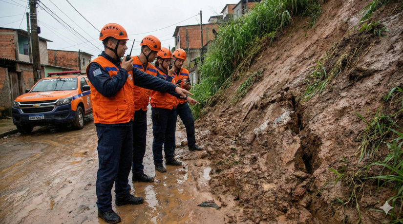 Agentes da Defesa Civil monitoram encosta com risco de deslizamento / IA