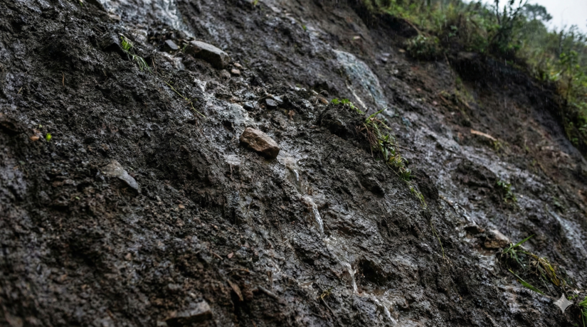 Detalhe de uma encosta saturada de &aacute;gua, mostrando instabilidade / IA