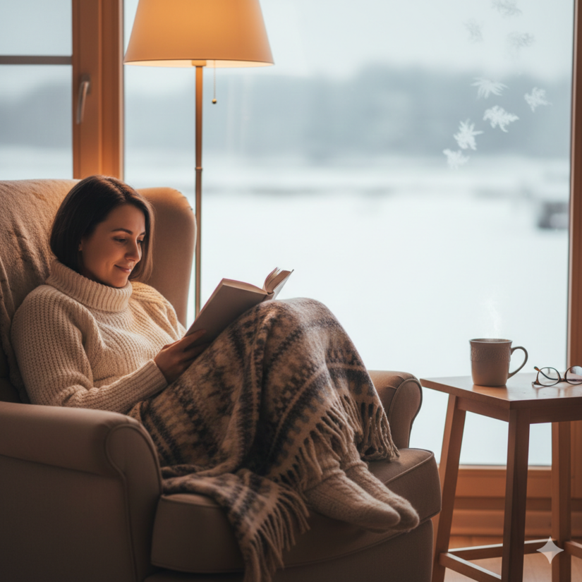 Agora sim, tudo quentinho para fazer uma boa leitura acompanhada de um chá / IA