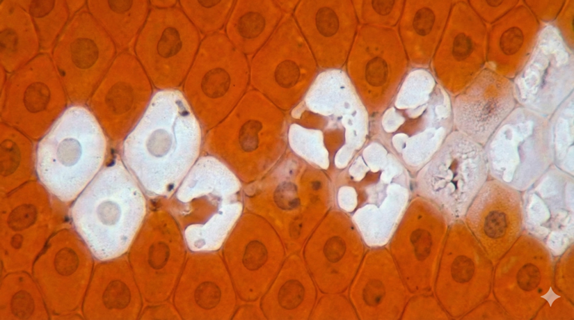 Vis&atilde;o microsc&oacute;pica mostrando as c&eacute;lulas de pigmento branco (irid&oacute;foros) desaparecendo / IA