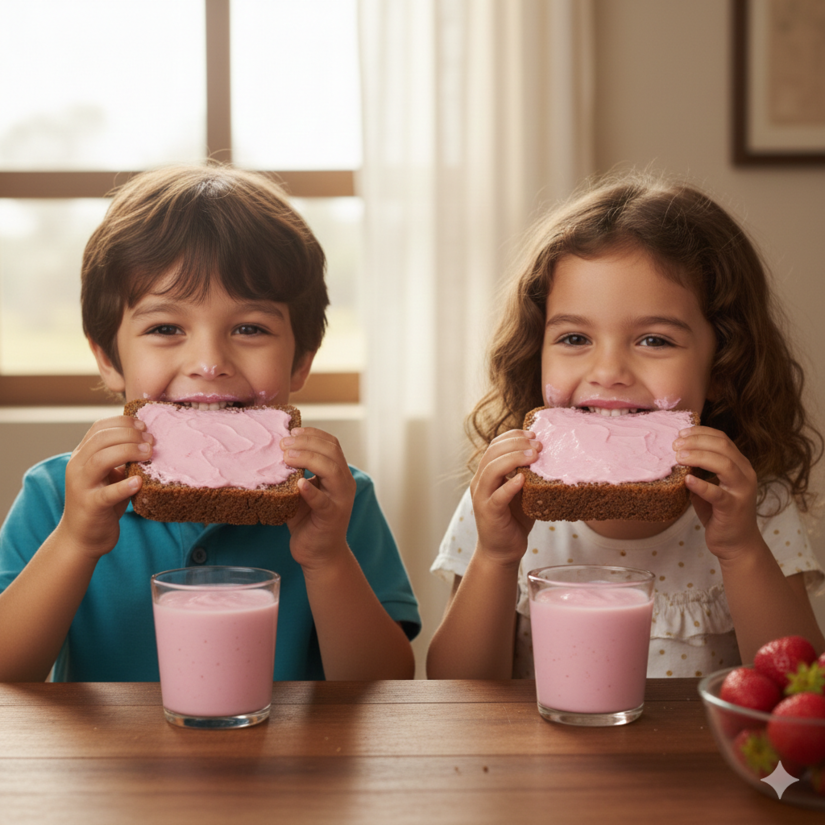 As crian&ccedil;as amam um p&atilde;o de centeio com requeij&atilde;o junto com um copo de iogurte de morango / IA