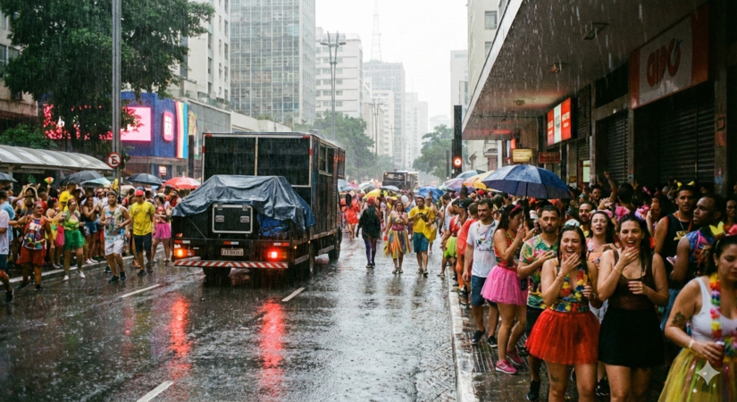 Previsão inicial indica chuva forte caindo em foliões de várias regiões do Brasil / IA