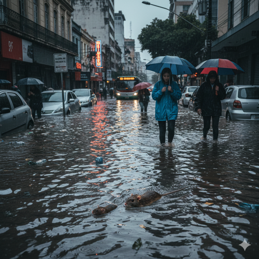 Evite ruas alagadas, pois roedores urinam na água e você pode adoecer / IA