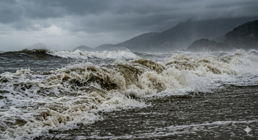 Mar agitado e espuma tomam a areia escura / IA
