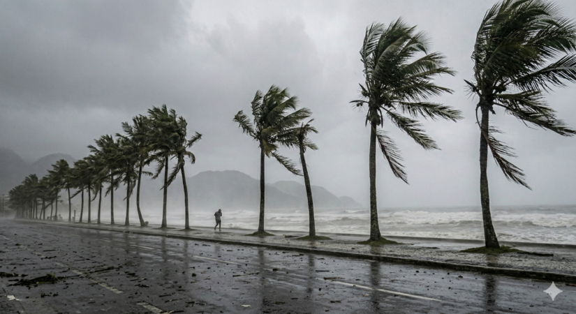 Ventos fortes dobram palmeiras na orla / IA