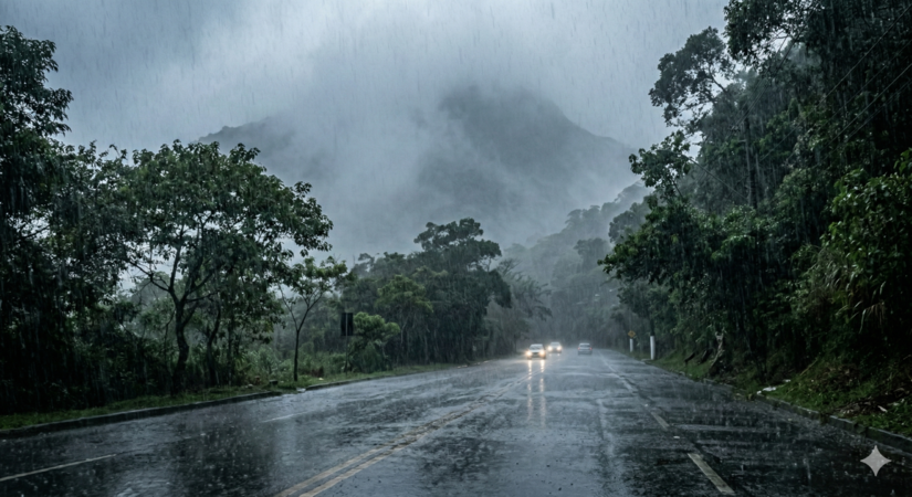 Chuva e neblina cobrem a Serra do Mar / IA