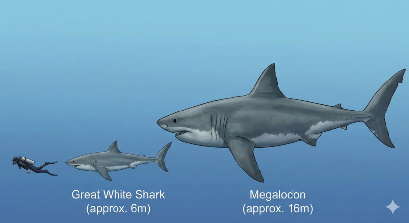 Comparação de tamanho: humano, tubarão-branco e Megalodonte / Gemini