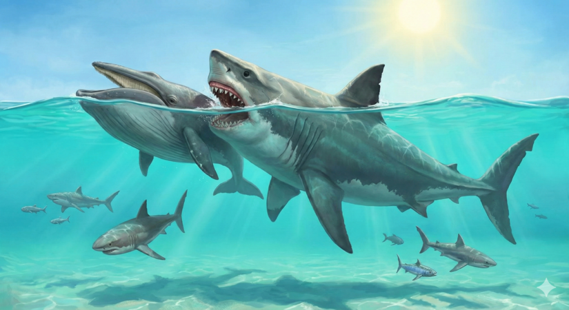 Reconstrução artística do Megalodonte caçando uma baleia pré-histórica / Gemini