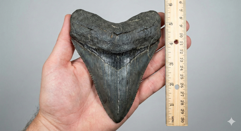 Dente fóssil gigante de Megalodonte na palma da mão / Gemini