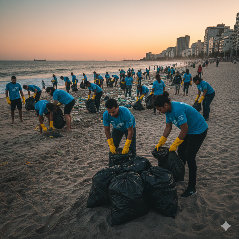 Voluntários ajudando a limpar as praias, mas lixo segue para aterro saturado / IA
