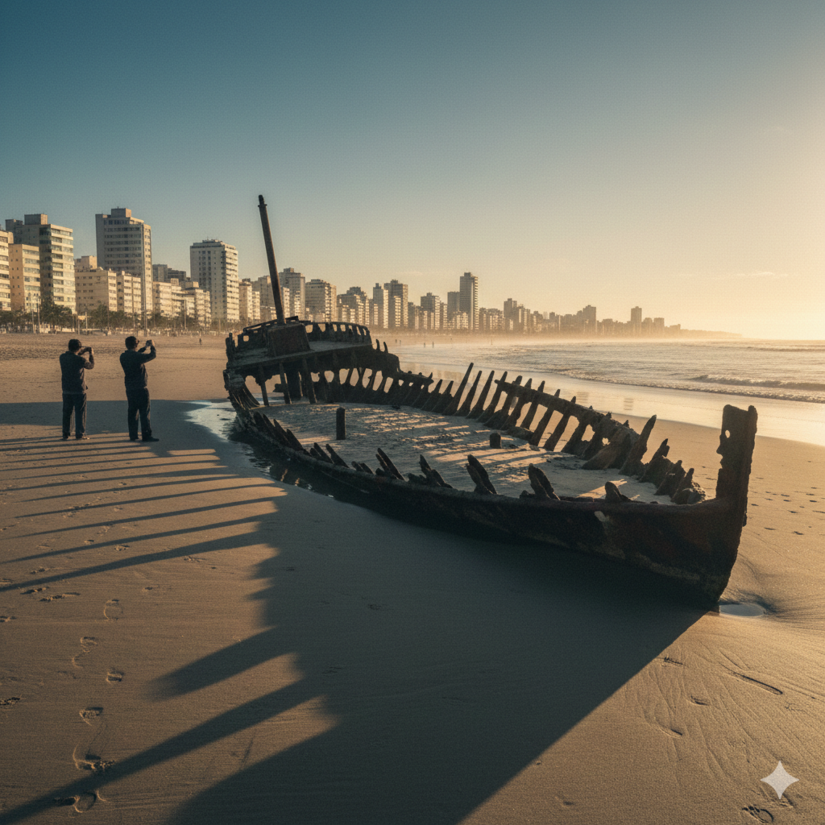 Carcaça de embarcação que "some" e "aparece" no litoral de SP / IA