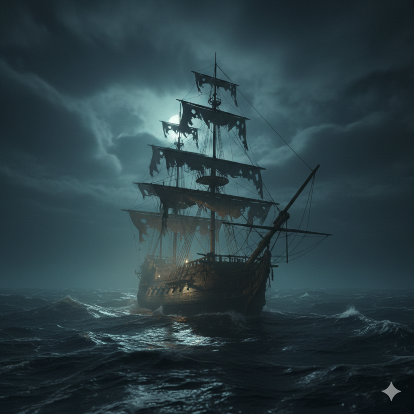 Não é incomum navios antigos à deriva pelos mares do mundo, aguardando seu naufrágio natural / IA