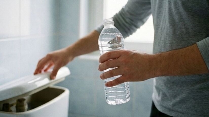 Uma garrafa plástica preenchida com água ocupa espaço na caixa acoplada e reduz o volume liberado a cada descarga, sem necessidade de reformas ou custos adicionais. Imagem ilustrativa/Gemini