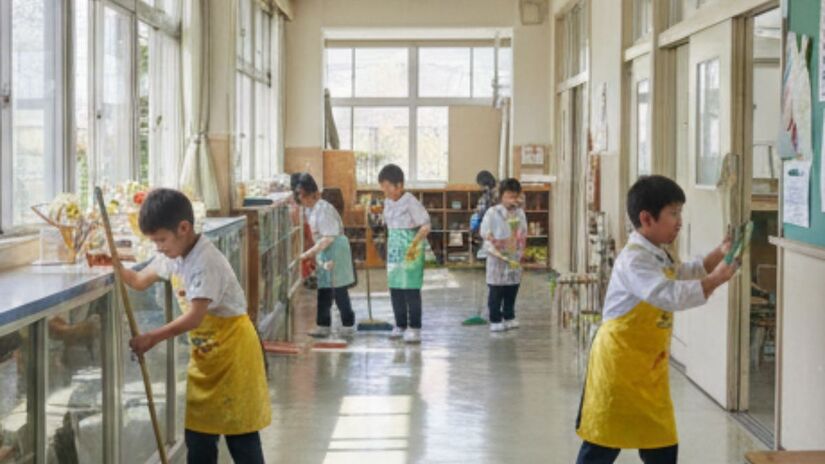 A prática conhecida como 大掃除 (Oosoji) ensina estudantes japoneses a limpar salas, corredores e banheiros após as aulas. Imagem ilustrativa/Gemini