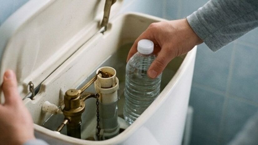 A técnica simples pode ser aplicada em poucos minutos: basta abrir a tampa da caixa acoplada e posicionar a garrafa longe das válvulas para evitar interferências. Imagem ilustrativa/Gemini