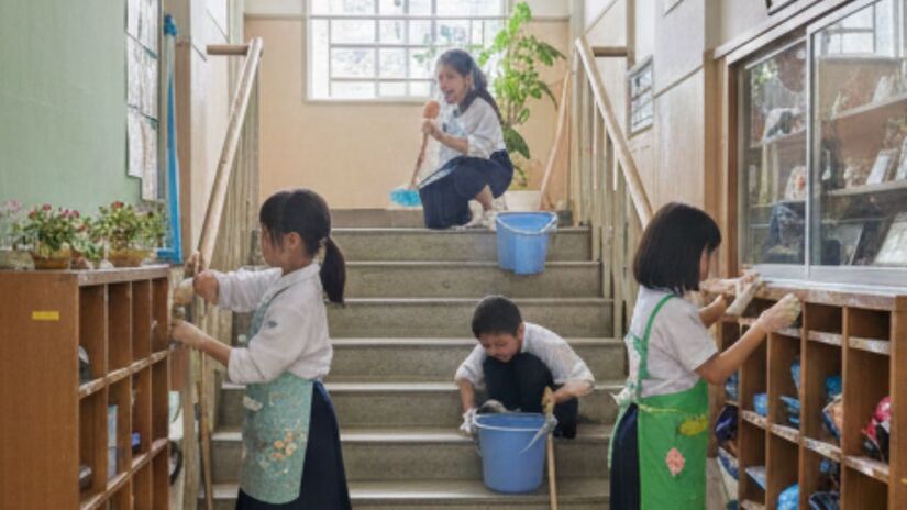 Divididos em pequenos grupos chamados 班 (Han), os alunos se organizam para não apenas limpar suas salas, mas também bibliotecas e outras áreas. Imagem ilustrativa/Gemini