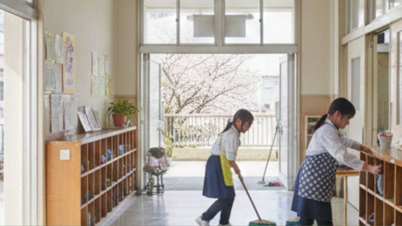 Durante a limpeza, estudantes cantam a tradicional "Oosoji Songu", transformando a faxina em um momento educativo e colaborativo. Imagem ilustrativa/Gemini