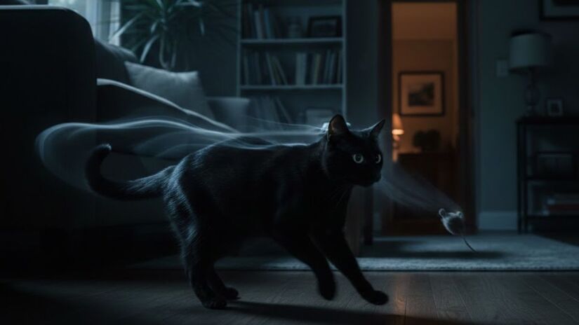 Já com os gatos, o 'zoomie' tende a acontecer de forma instintiva e durante a noite, como se fosse uma exploração ou caçada noturna (Google Gemini/ Imagem Gerada por IA)