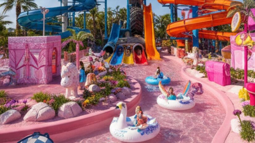 O novo complexo da Mattel terá cerca de 44.500 m² e contará com atrações aquáticas internas e externas, funcionando de forma totalmente coberta. Imagem ilustrativa/Gemini