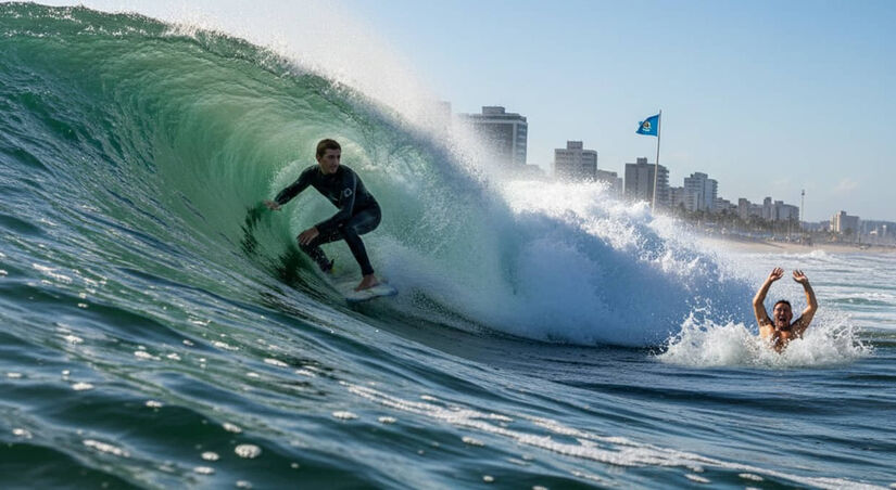 Na Praia do Tombo é assim: enquanto uns 'pegam' onda, outros são derrubados por ela / IA