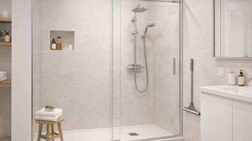 Modelos com portas de correr, painéis fixos e vidros transparentes eliminam a sensação de aperto e ainda facilitam a circulação/Freepik