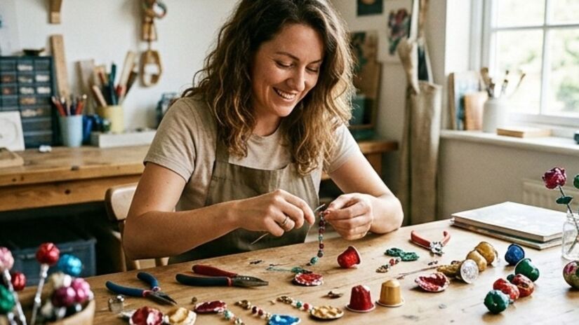 Cápsulas de café usadas ganham nova utilidade e deixam de ir para o lixo ao serem transformadas em peças artesanais criativas e sustentáveis. Imagem ilustrativa/Gemini