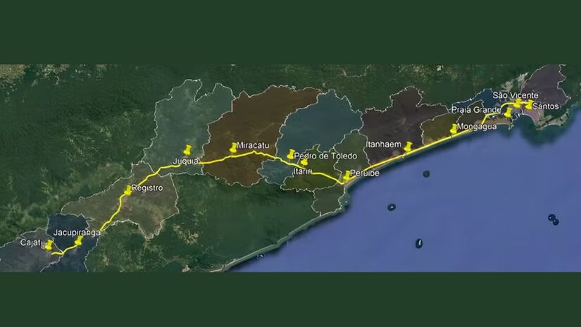 Trajeto da nova linha férrea, ligando diretamente a cidade de Santos até Cajati, abraangendo a Baixada Santista e o Vale do Ribeira completo / Reprodução / CPTM