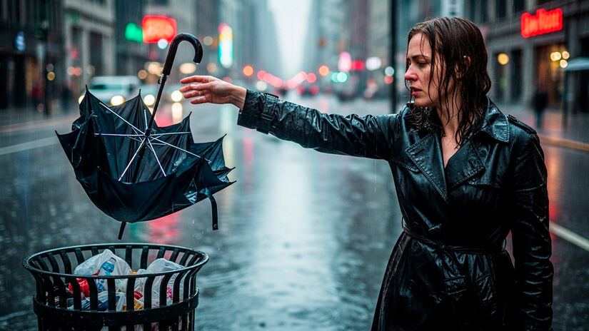 Nos dias chuvosos, sair de casa pode ser um desafio, principalmente em cidades movimentadas, onde o uso do guarda-chuva nem sempre é prático. Imagem gerada por IA