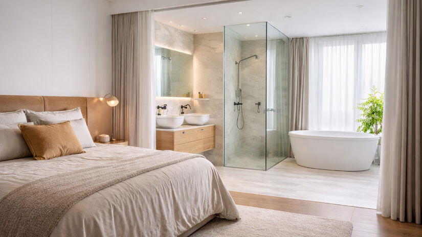 Quando o vaso sanitário e o boxe passam a ocupar espaços quase expostos, a arquitetura residencial rompe com a hierarquia clássica / Imagem gerada por IA