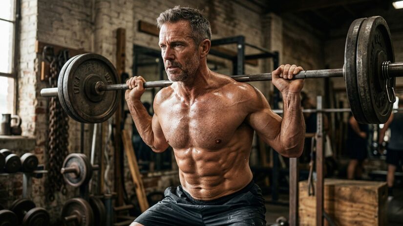 Fortalece o core (abdômen e lombar): Muita gente acha que agachamento é só perna, mas ele trabalha muito o abdômen e a lombar para estabilizar o corpo
