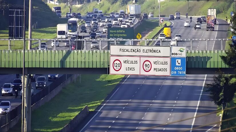 Mas mesmo que o acidente tenha acontecido no sentido litoral, os motoristas que estão indo para São Paulo enfrentam trânsito em alguns trechos (Ecovias/Reprodução)