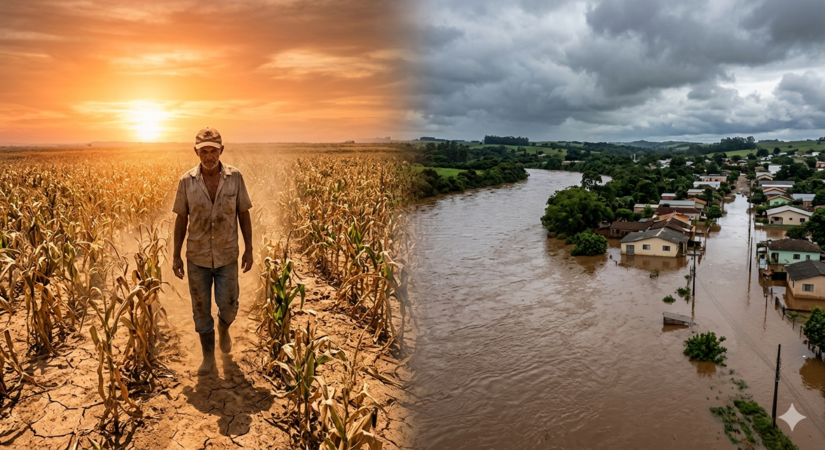 Extremos: seca severa e inunda&ccedil;&otilde;es devastadoras dividem o pa&iacute;s - Foto ilustrativa gerada por IA/Gemini