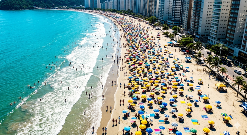Praia de Santos lotada com dias de sol e calor - Imagem ilustrativa gerada por IA/Gemini