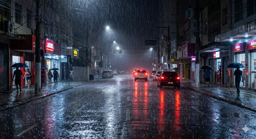 A noite de quarta tende a ser chuvosa em v&aacute;rias cidades da Baixada Santista - Imagem ilustrativa gerada por IA/Gemini