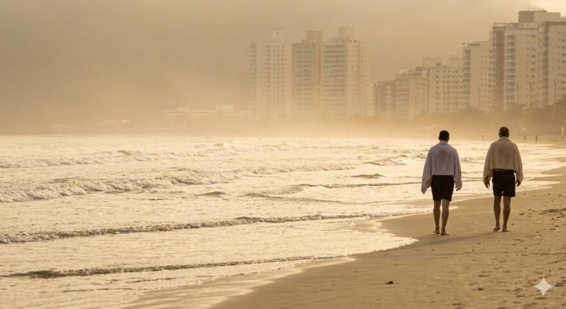 Semana ainda come&ccedil;a quente e abafada no litoral de SP - Imagem ilustrativa gerada por IA/Gemini
