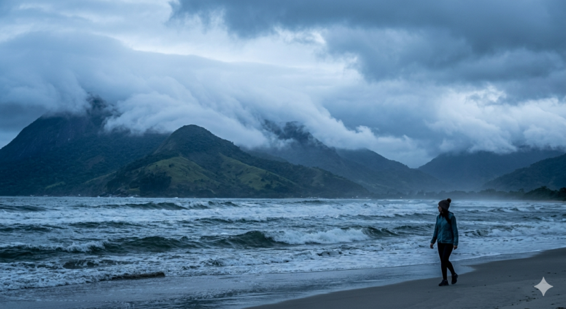 Nuvens baixas e frias dominam a Serra do Mar, no litoral de SP - Imagem gerada por IA