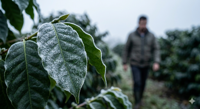 Geada cobrindo cafeeiro em Minas. O frio chega ao campo - Imagem gerada por IA