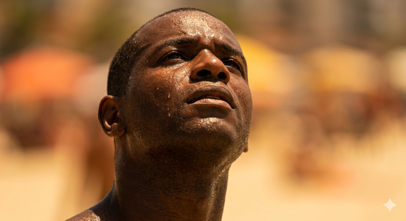 Calor extremo provoca suor visível e exaustão no litoral / Imagem ilustrativa gerada por IA