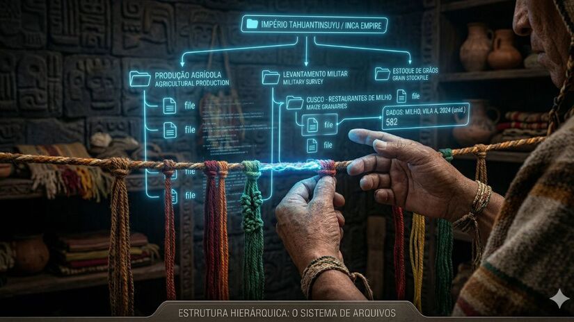 Novas pesquisas revelam que o arranjo das cordas n&atilde;o era aleat&oacute;rio. Ele formava uma hierarquia l&oacute;gica. Uma corda principal podia abrir ramifica&ccedil;&otilde;es sucessivas, criando n&iacute;veis interligados, como diret&oacute;rios e subdiret&oacute;rios em um sistema operacional moderno / Ilustra&ccedil;&atilde;o gerada por IA