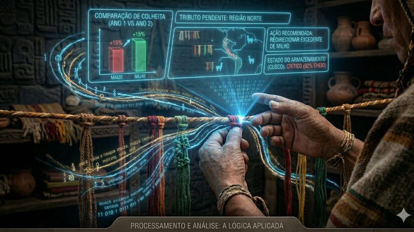 Especialistas acreditam que o mestre n&atilde;o apenas 'lia' os n&uacute;meros. Ele usava a estrutura l&oacute;gica do quipu para comparar dados, calcular m&eacute;dias e tomar decis&otilde;es administrativas complexas, simulando a fun&ccedil;&atilde;o de processamento de um computador / Ilustra&ccedil;&atilde;o gerada por IA